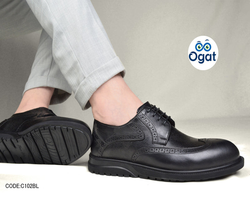 C102 حذاء اكسفورد جلد طبيعي برباط وطرف دائري مزين بخياطة امامية للرجال - OGAT