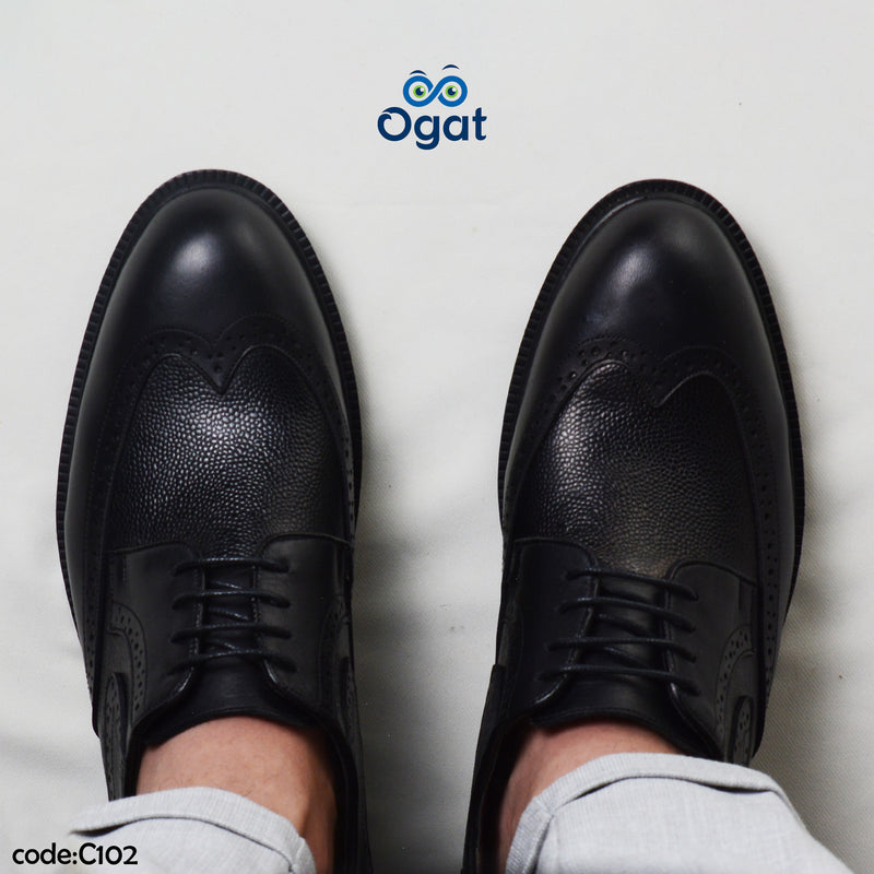 C102 حذاء اكسفورد جلد طبيعي برباط وطرف دائري مزين بخياطة امامية للرجال - OGAT